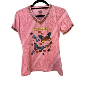 A1 Vintage 90s Columbia Butterfly V Neck Shirt Womens Large Pink (Runs Small)